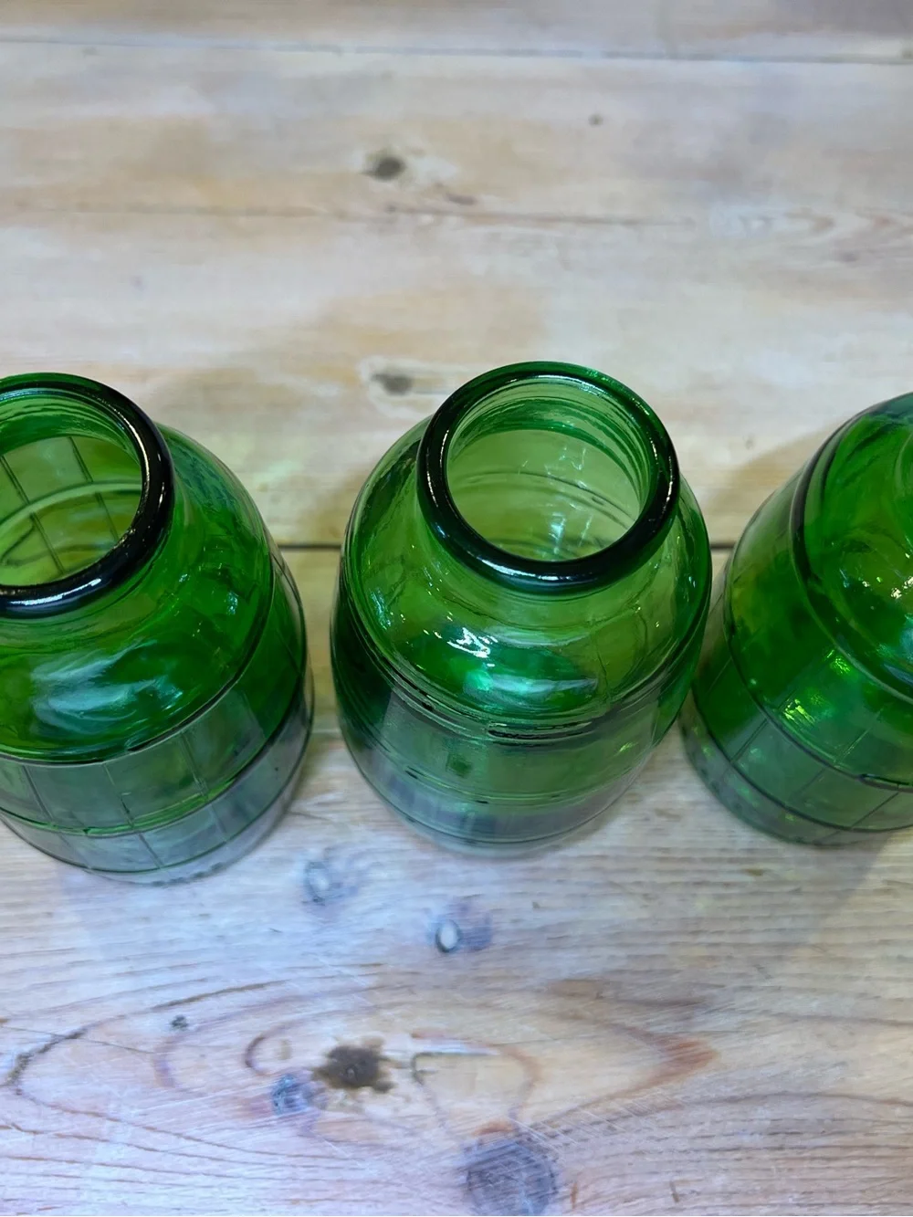 Set 3 Vintage Mickey's Fine Malt Green Glass Barrel Bottles 1960 Patent Pending
